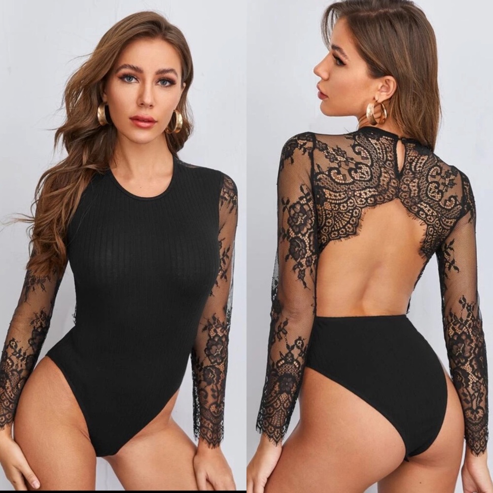 Black sexy lace sleeve open back bodysuit